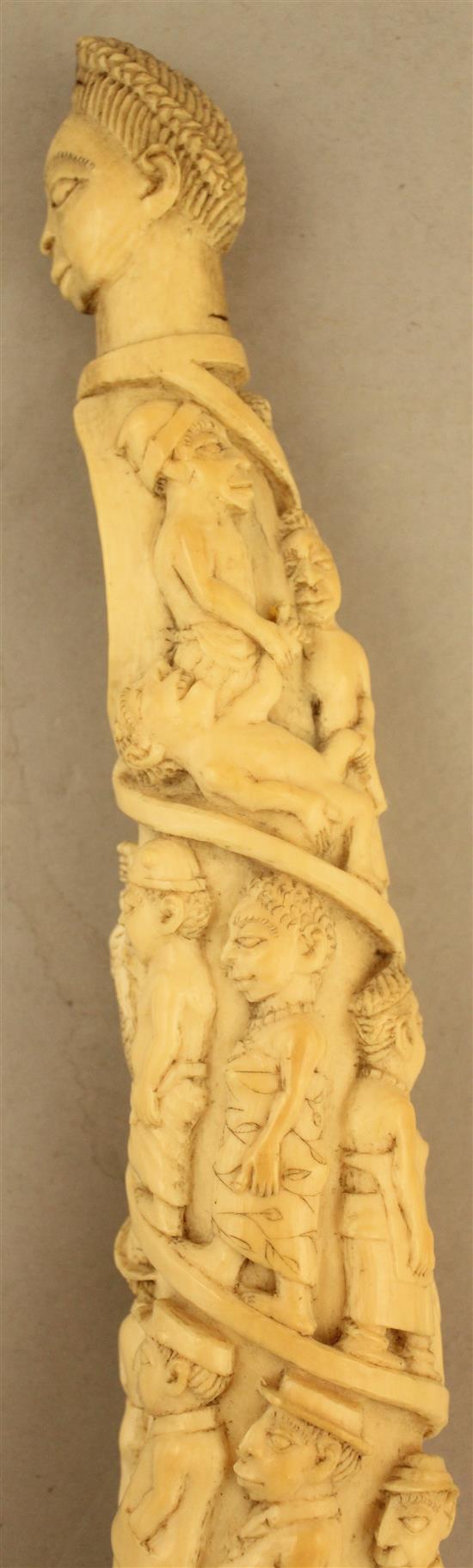 An early 20th century Belgian Congo carved ivory oliphant, 16.5in.